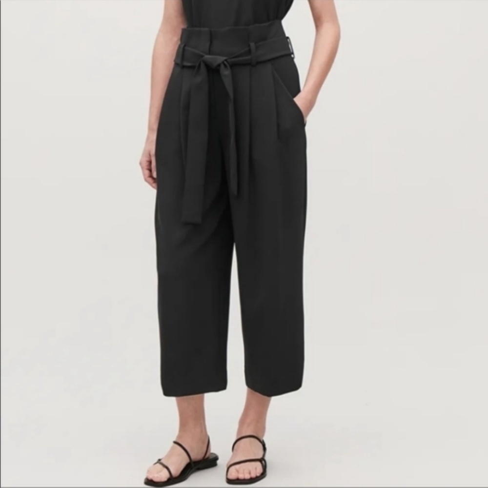 COS Black High-Waist Wide-Leg Tie Belt Jumpsuit Pants